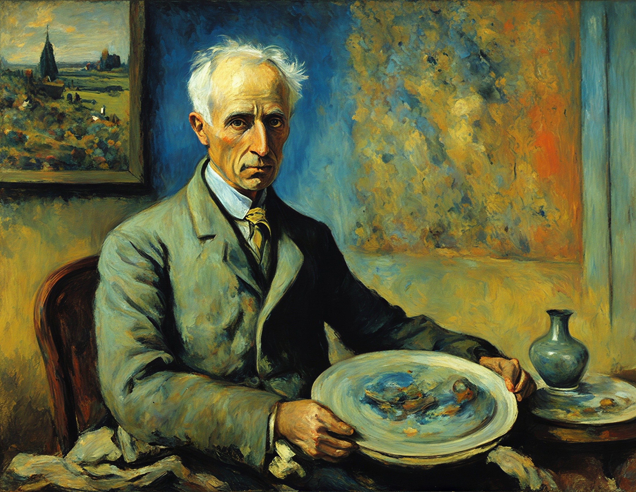 Elderly Man in Gray Suit Holding Vibrant Plate