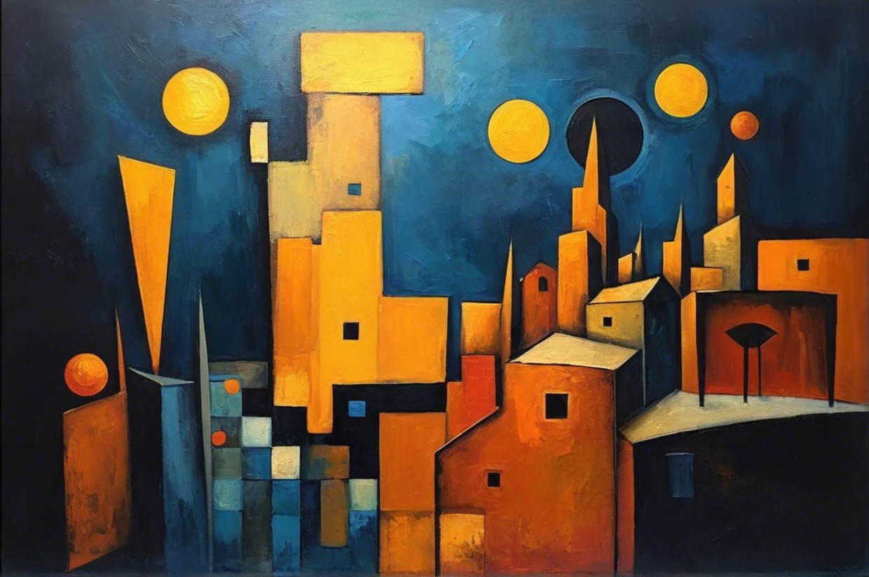 Abstract Cityscape in Warm Colors and Geometric Shapes