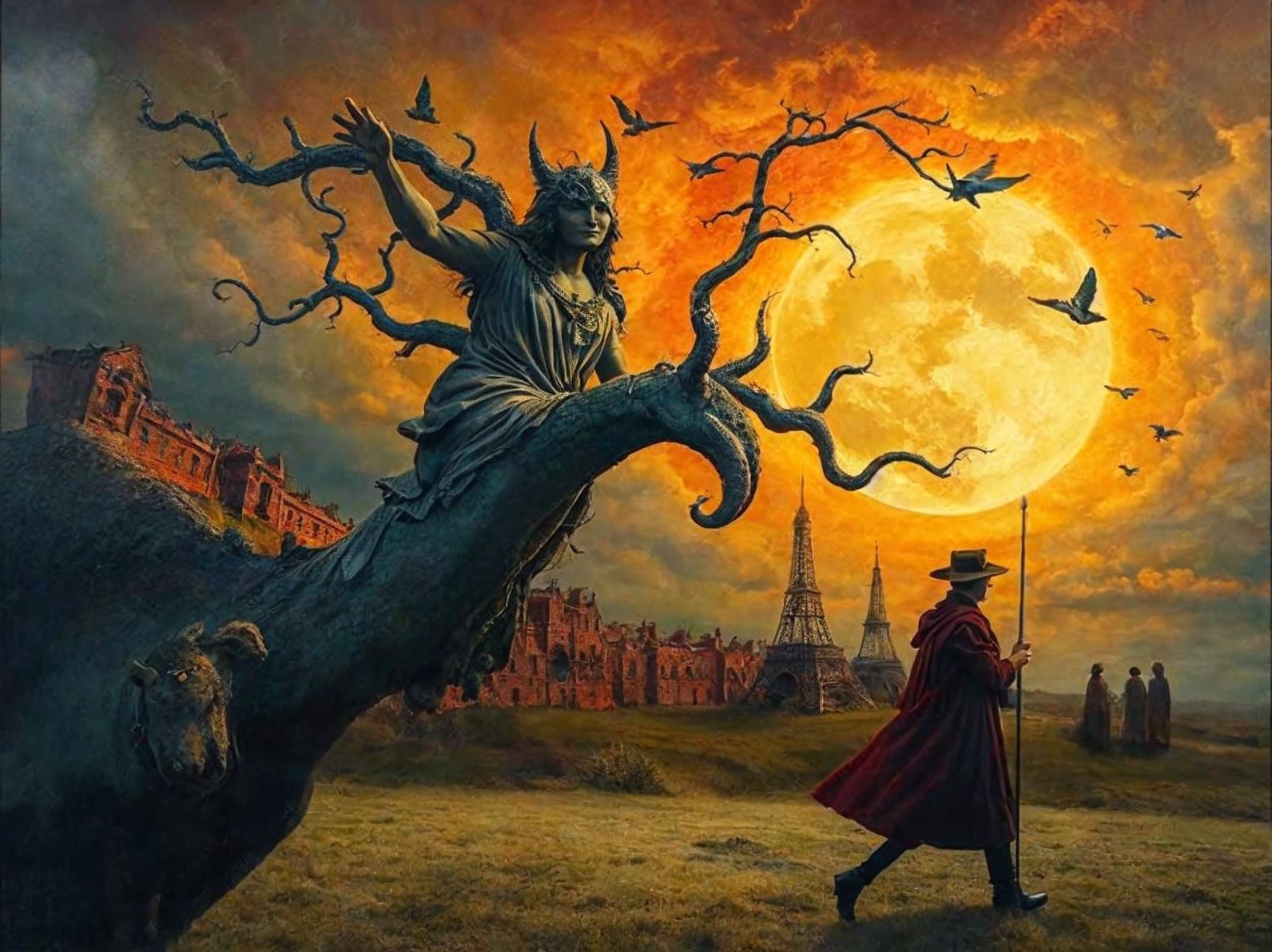 Mysterious Figure in Red Cloak in Surreal Landscape