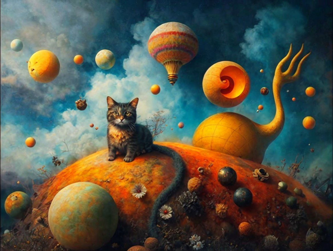 Surreal Landscape with Tabby Cat and Colorful Planets