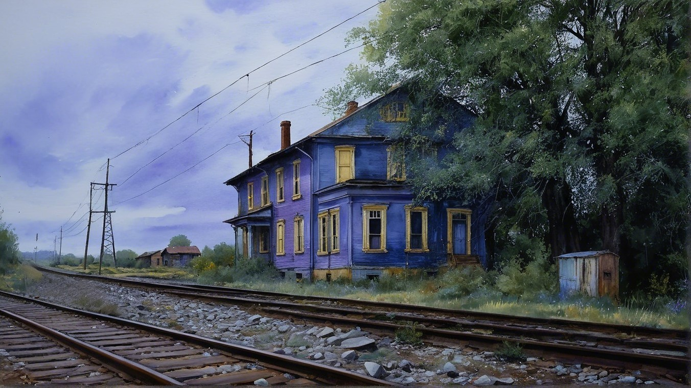 Old Blue House by Railway Track with Overgrown Greenery