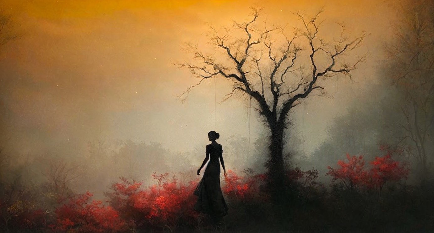 Solitary Figure in Black Dress Among Red Foliage