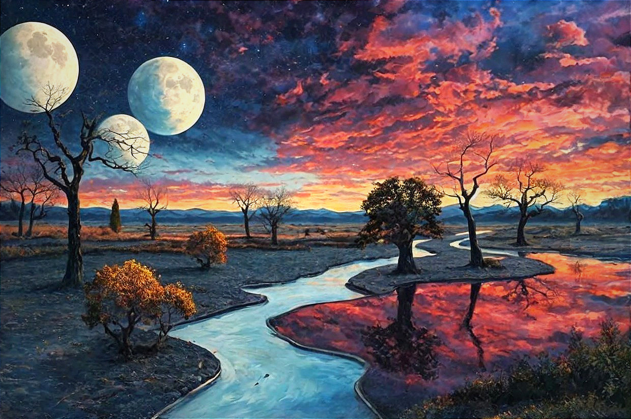 Surreal landscape with vibrant sky and moons