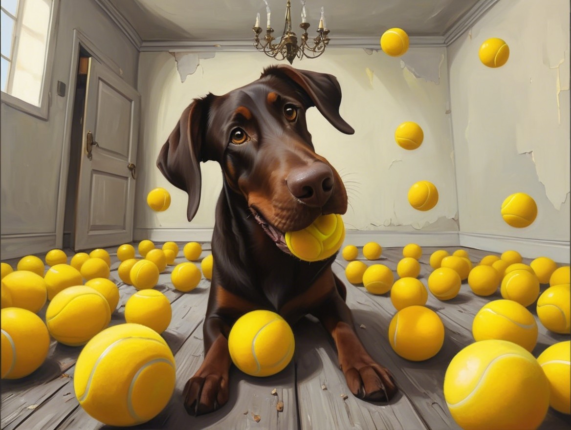 Playful Doberman Surrounded by Yellow Tennis Balls