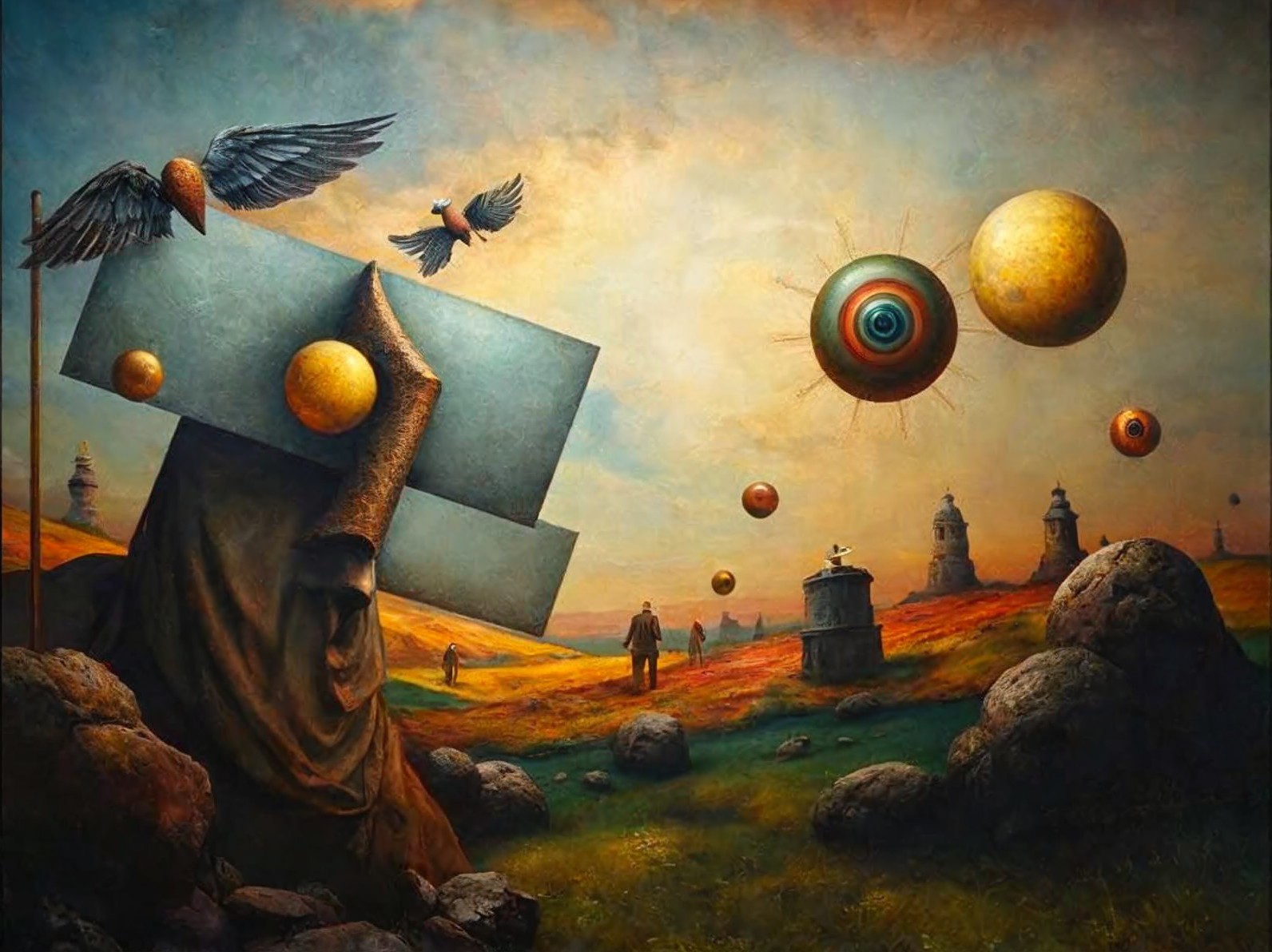 Surreal Landscape with Reflective Panel and Abstract Forms