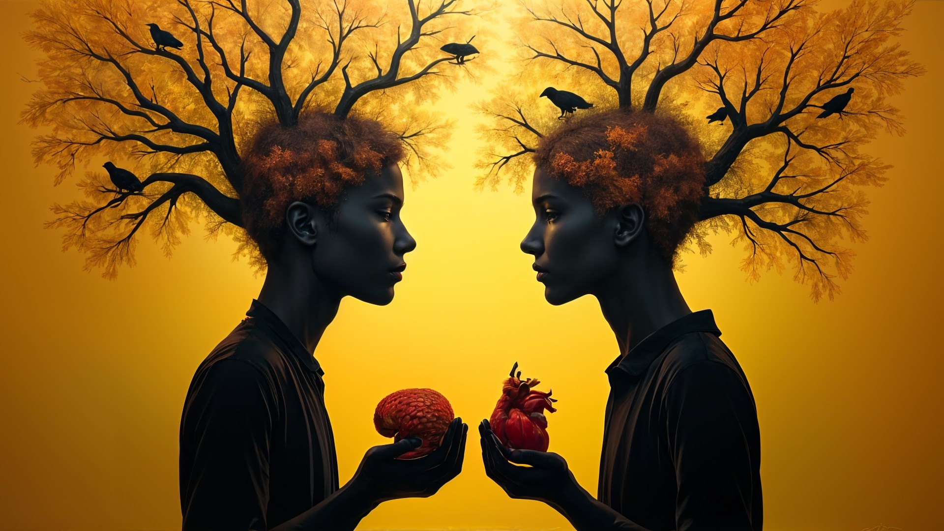 Silhouetted Figures with Tree Hairstyles and Symbols