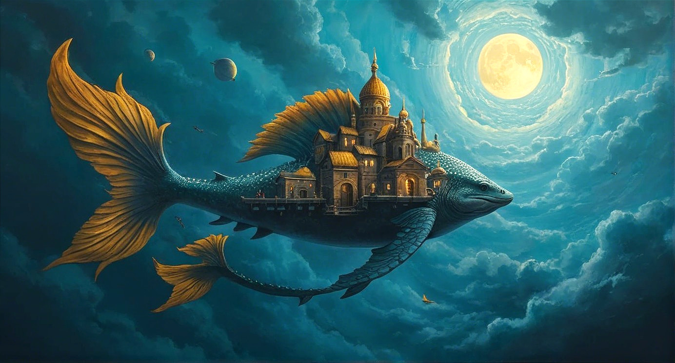 Majestic Fish with Castle in Night Sky Scene