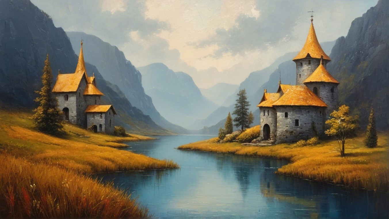 Serene Landscape with Stone Castles and Mountains
