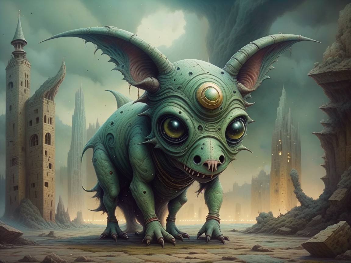 Surreal Creature in a Desolate Landscape with Structures