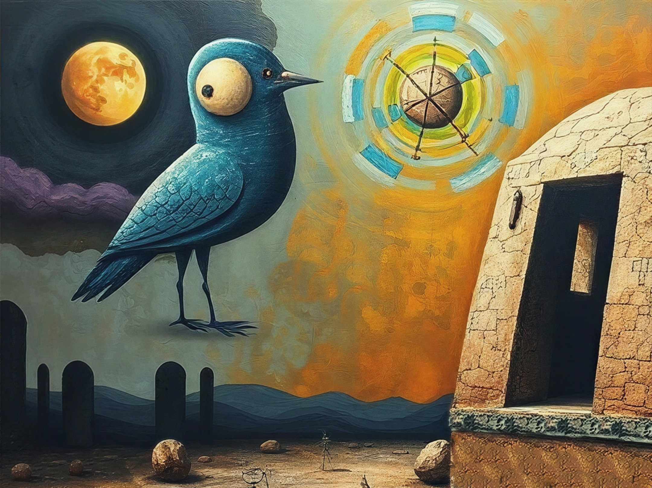 Surreal Landscape with Large Blue Bird and Moon