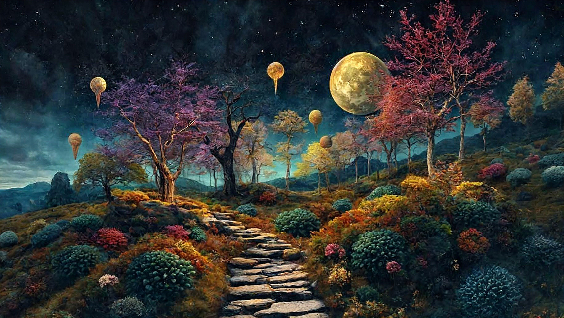 Whimsical Landscape with Colorful Foliage and Moon