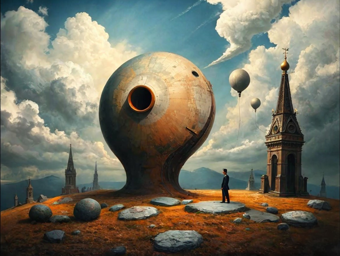 Surreal Landscape with Metal Structure and Gothic Tower