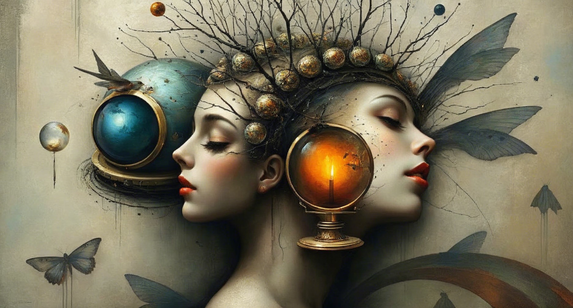 Intertwined Ethereal Female Faces with Celestial Elements