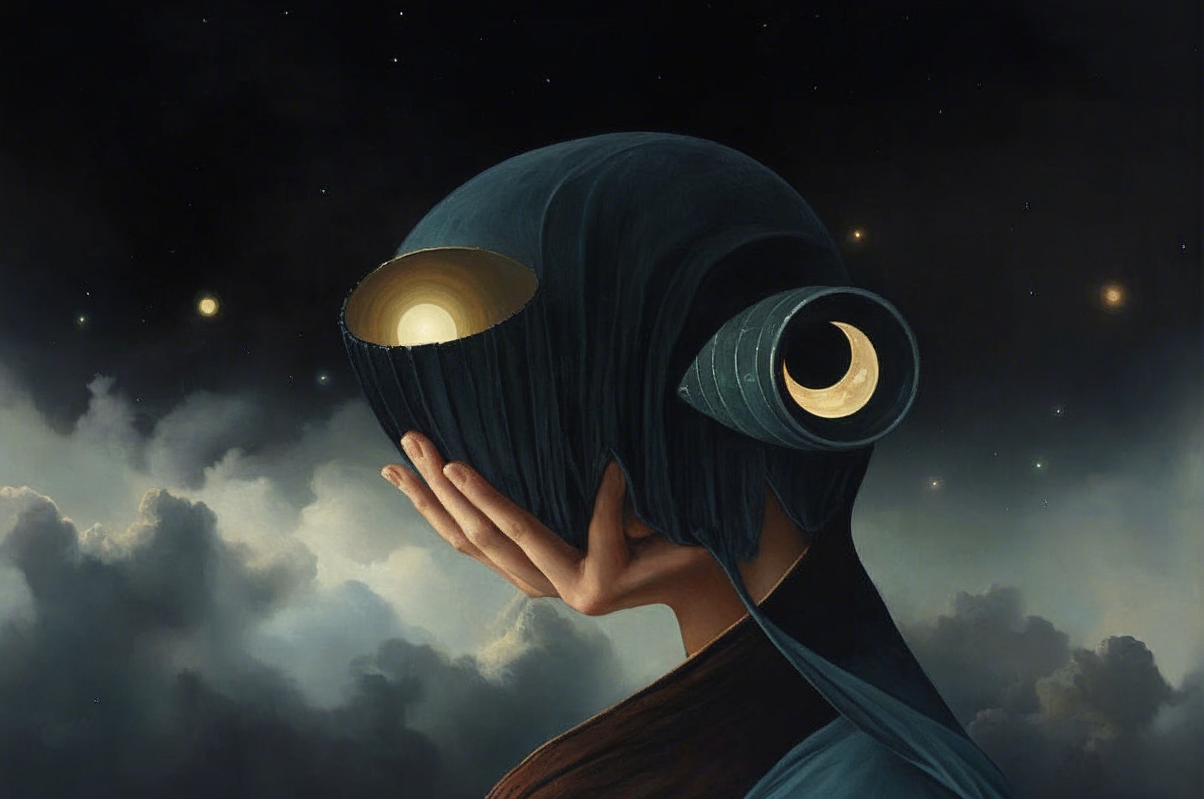 Mysterious Figure with Moon and Orb in Starry Sky