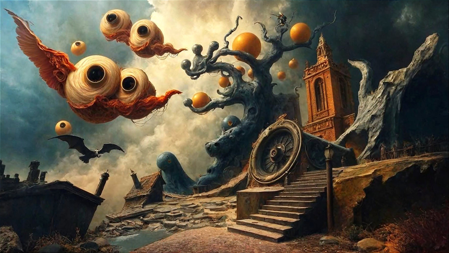 Surreal landscape with twisted tree and floating spheres