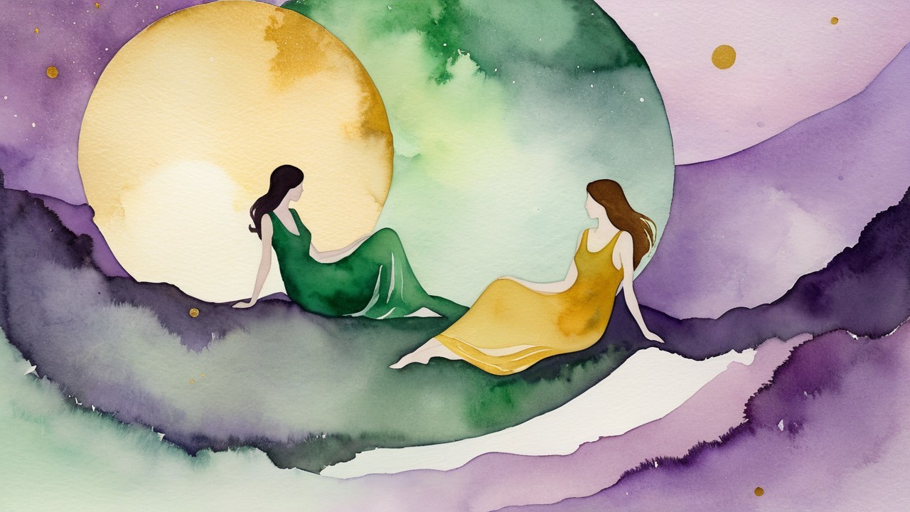 Watercolor Illustration of Two Women Under a Moon