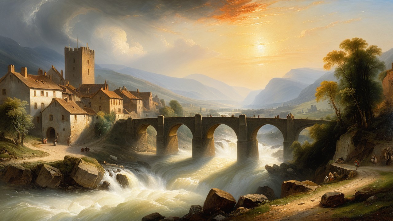 Serene Village Landscape with River and Sunset Sky