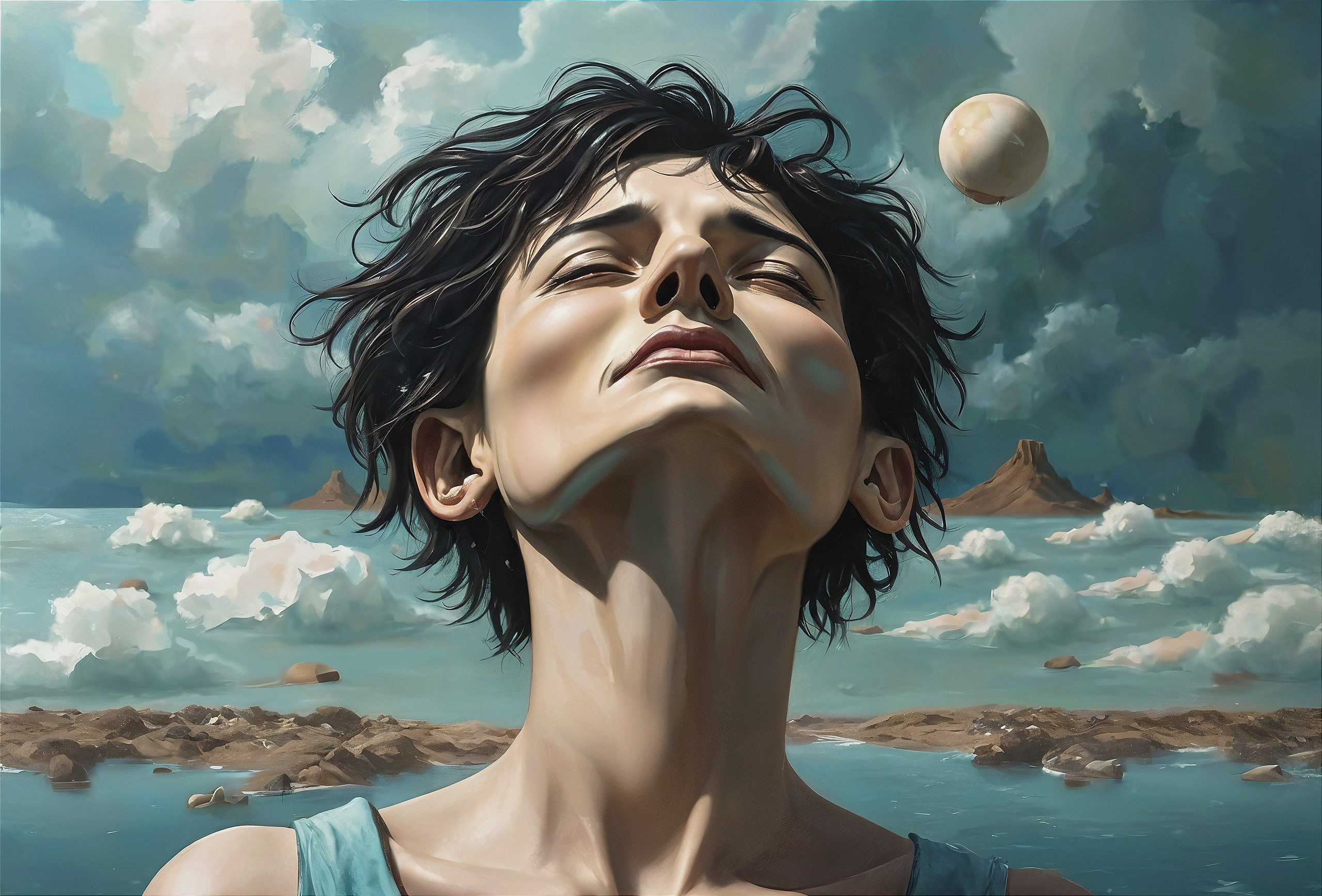 Young Woman in Serene Pose Against Dramatic Sky