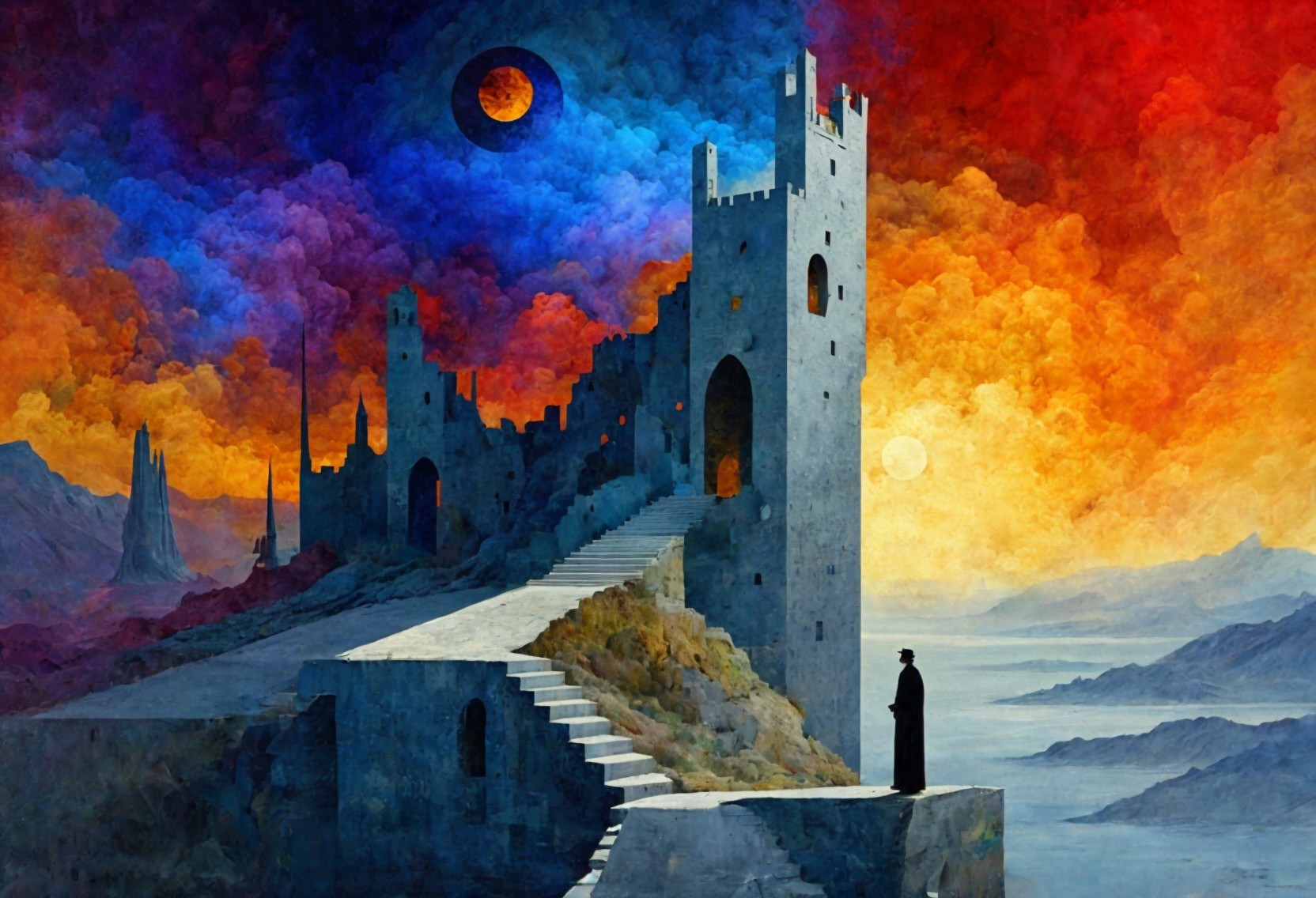 Mysterious castle ruins under a vibrant sky with clouds