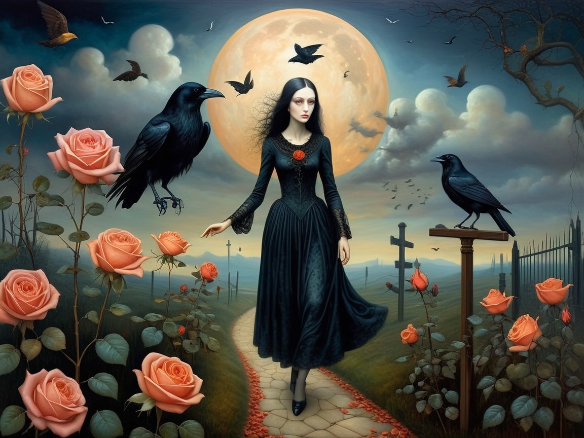 Moonlit Landscape with Woman and Gothic Elements