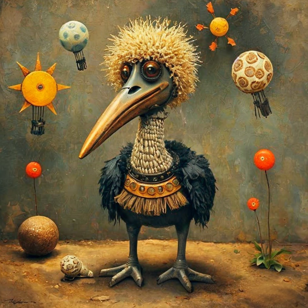 Whimsical Bird with Vibrant Beak in Playful Setting