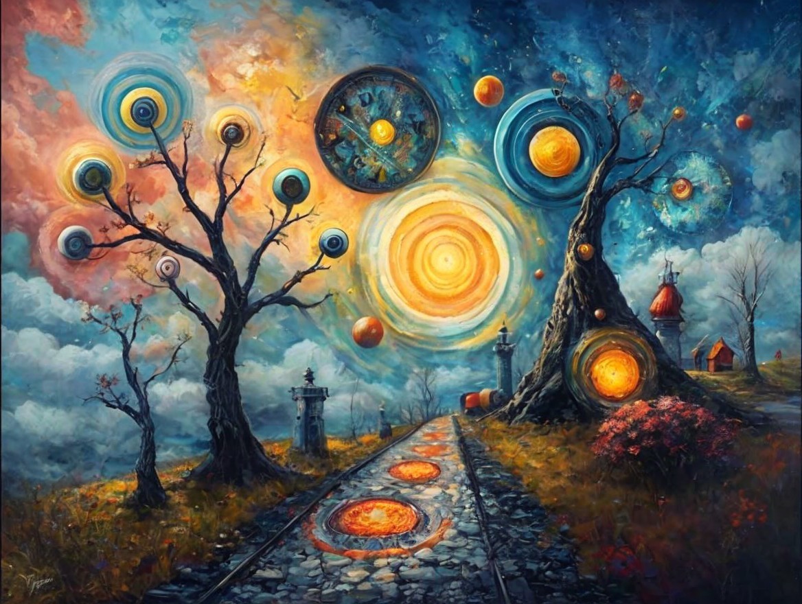 Surreal Landscape with Twisted Trees and Celestial Bodies