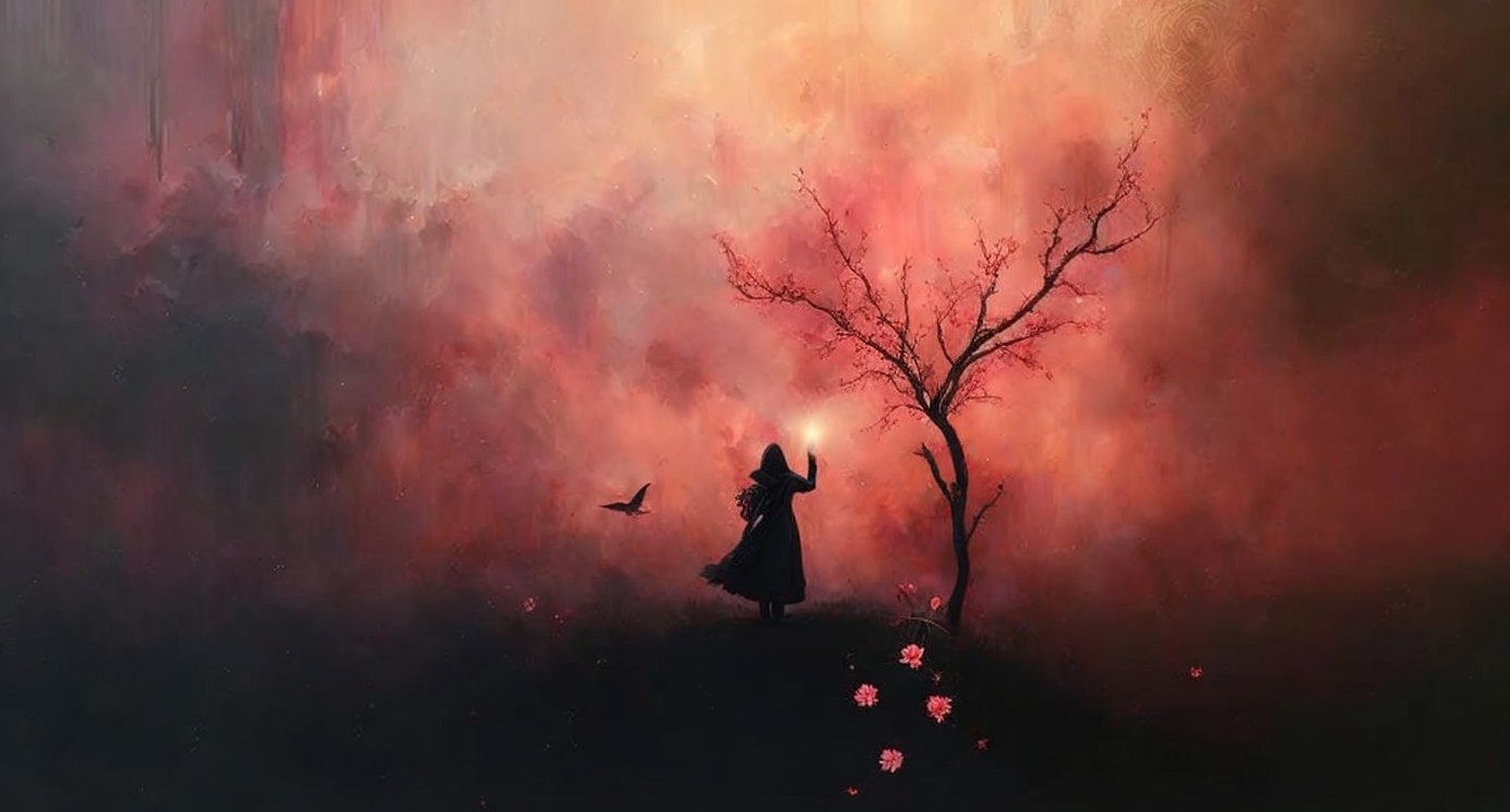 Silhouette in Flowing Coat Against Dreamlike Landscape