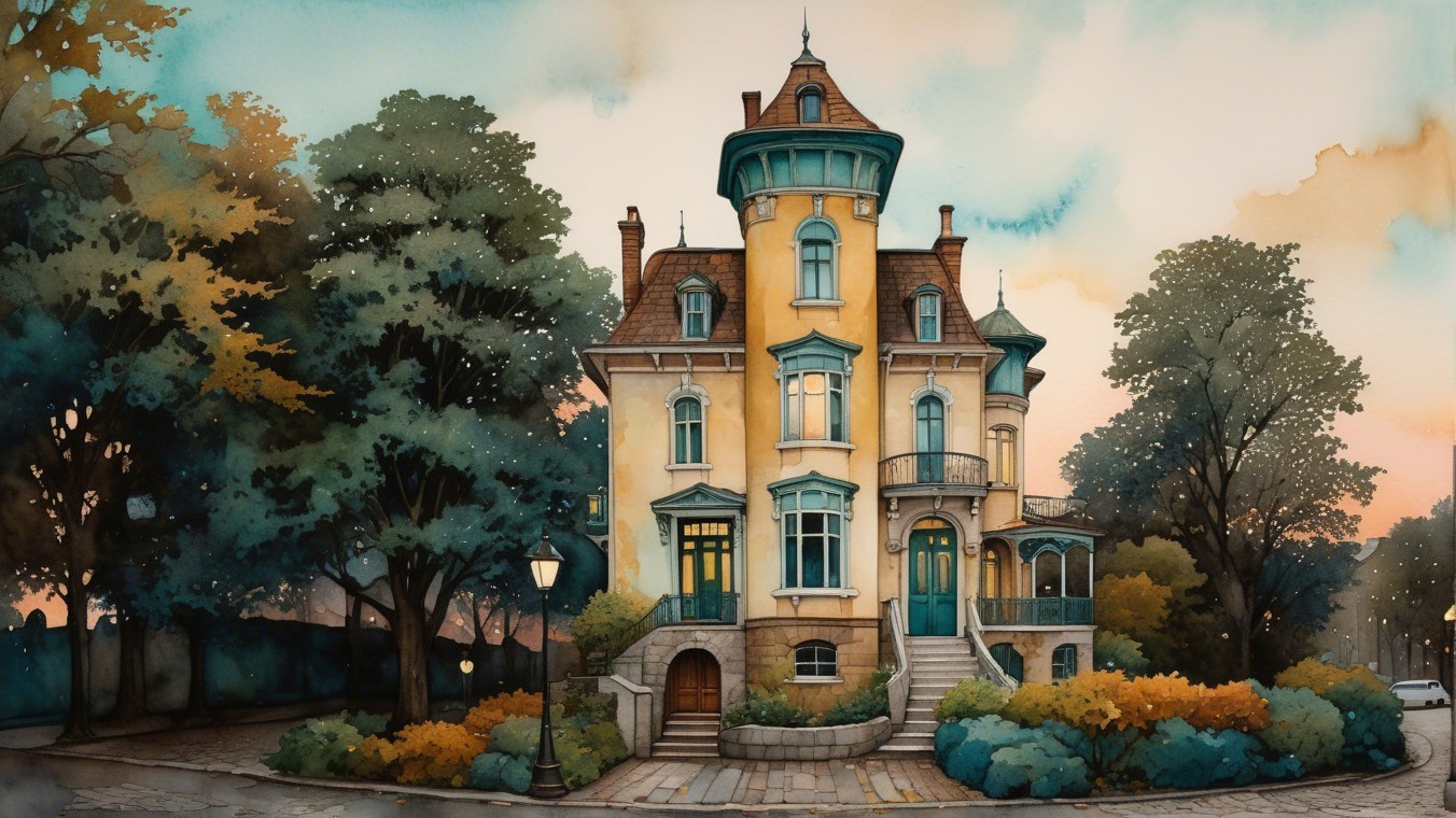 Whimsical House Surrounded by Lush Greenery at Dusk
