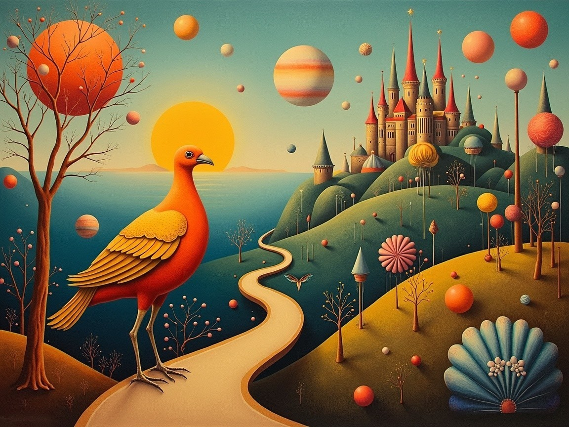 Whimsical Landscape with Orange Bird and Castle