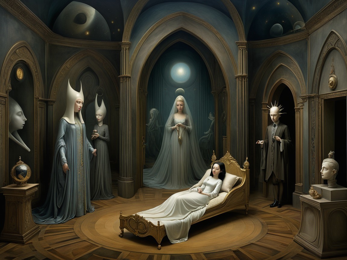 Surreal Chamber with Ethereal Beings and Architecture