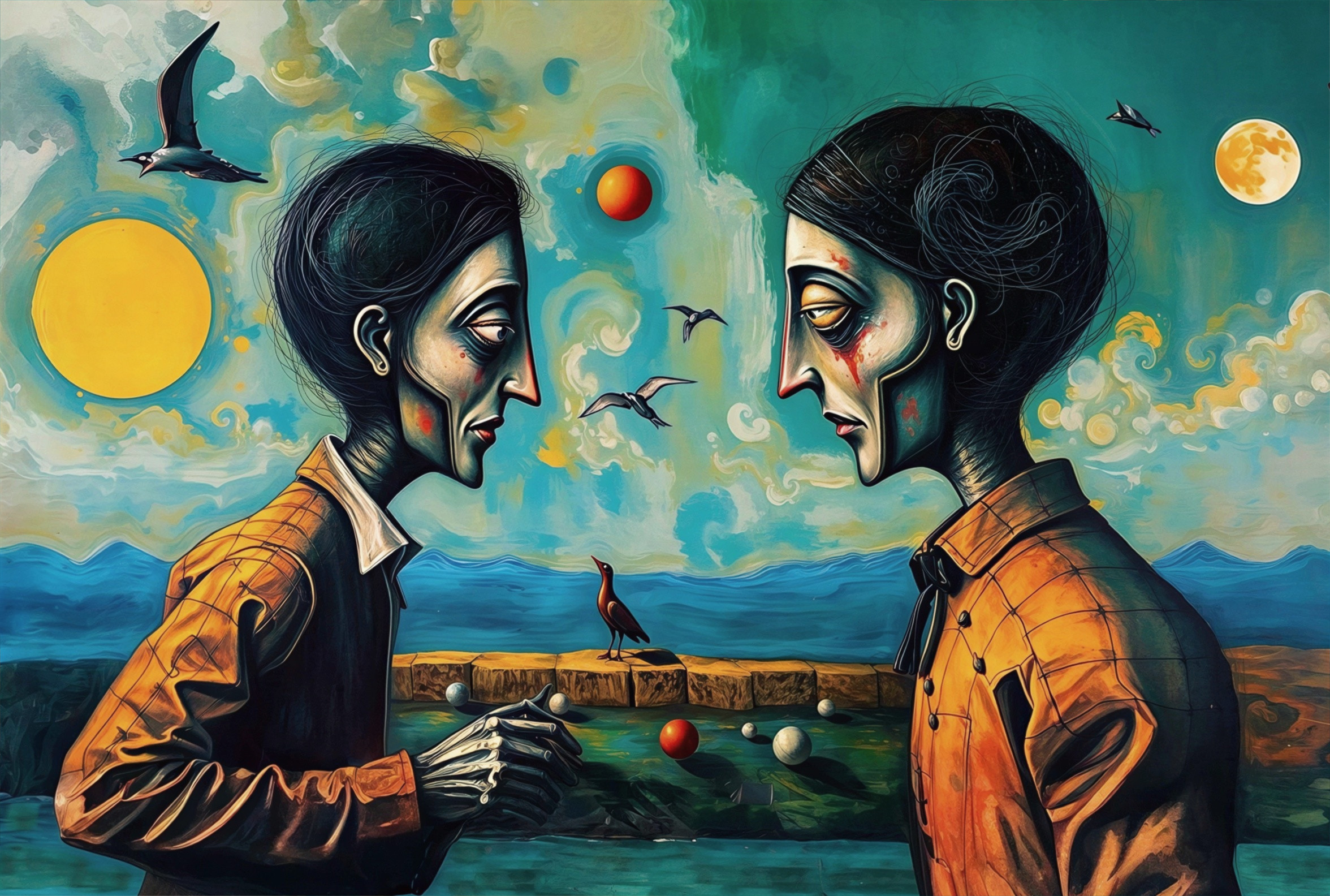 Surreal Painting of Elongated Figures with Vibrant Background