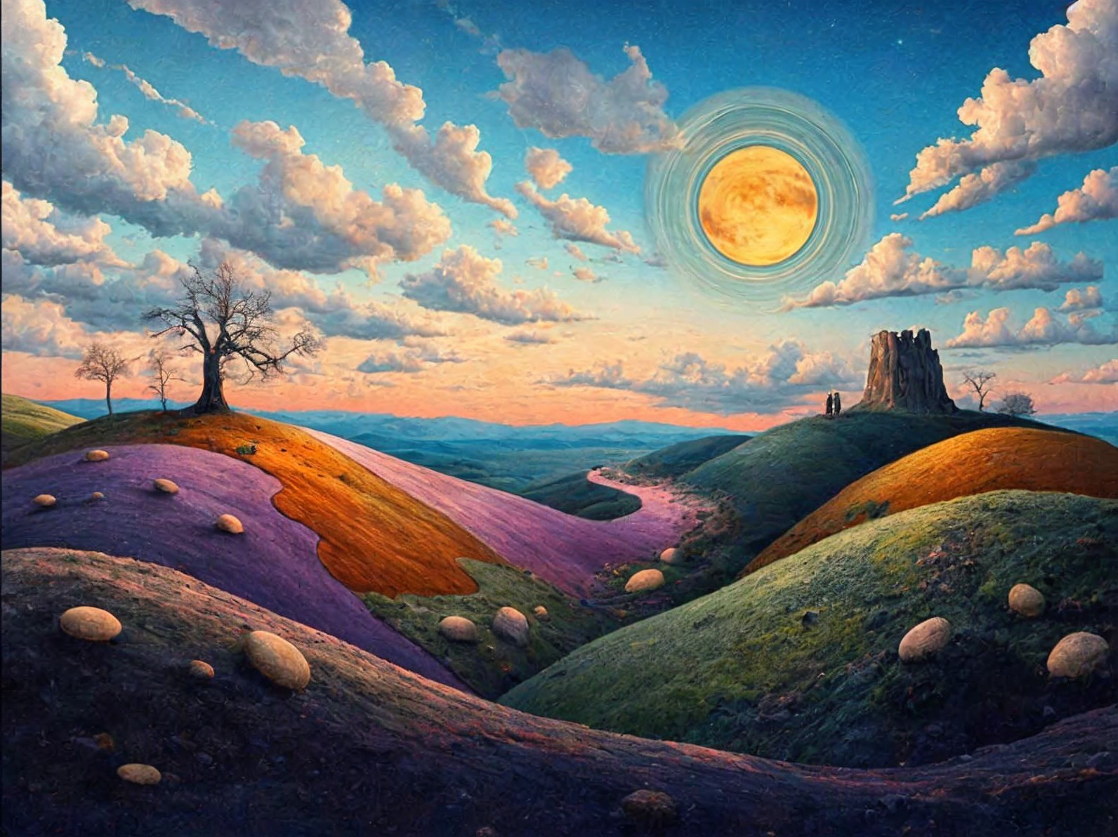 Vibrant Landscape with Rolling Hills and Luminous Moon
