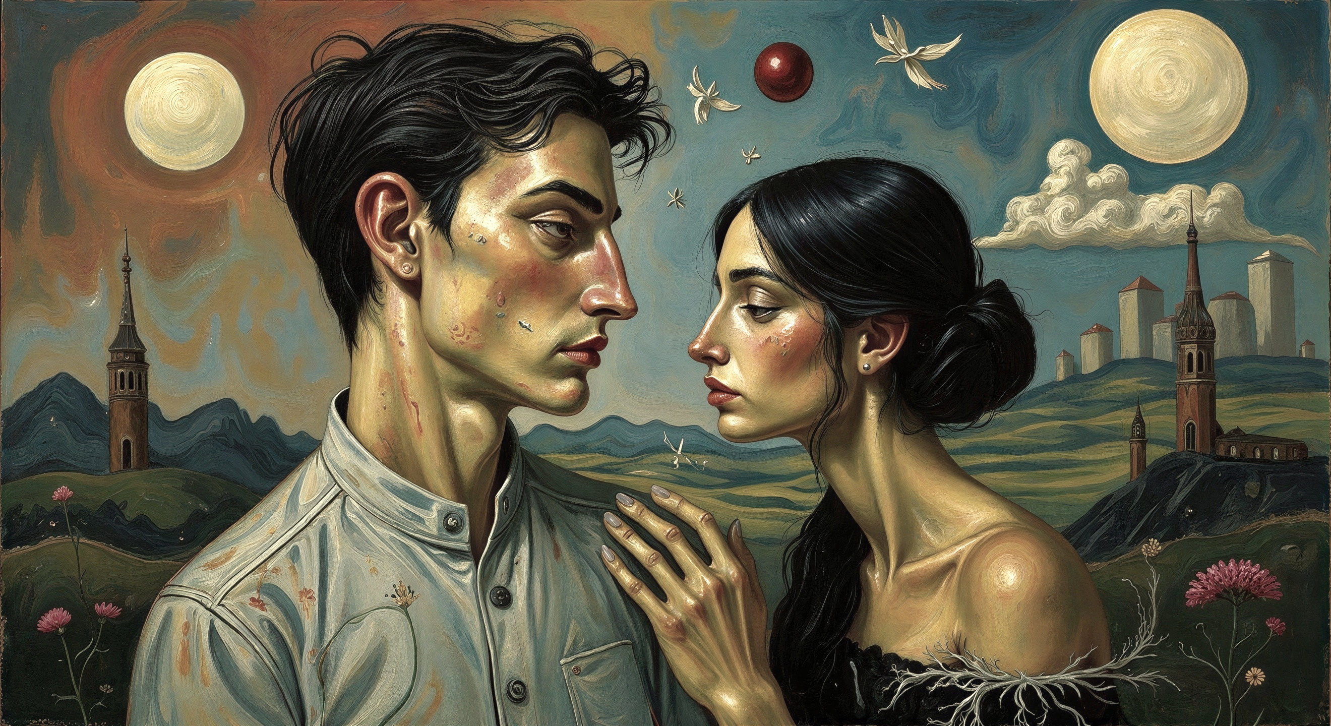 Surrealist Painting of a Man and Woman in Profile