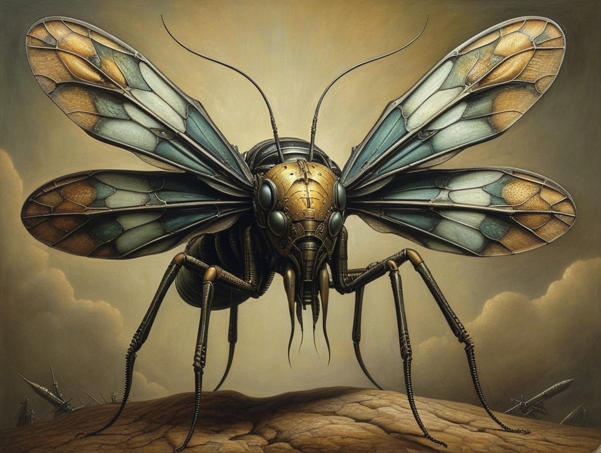 Intricate Mechanical Bee in Surreal Landscape
