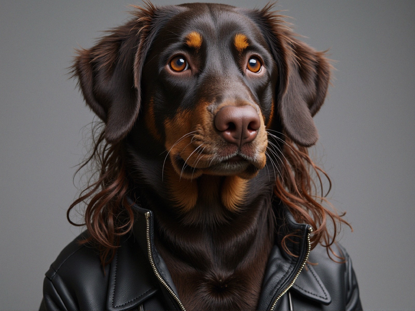 Portrait of a dog in a leather jacket with wavy fur