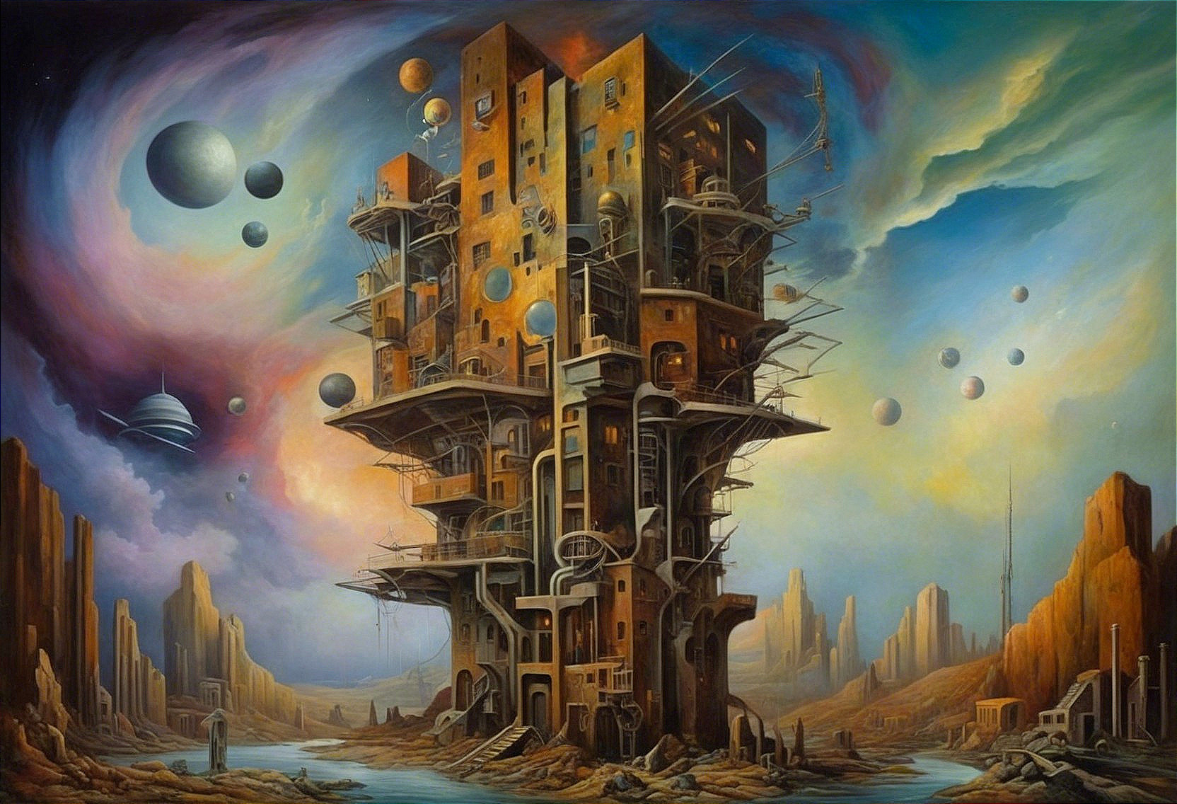 Surreal Towering Structure in a Desolate Landscape