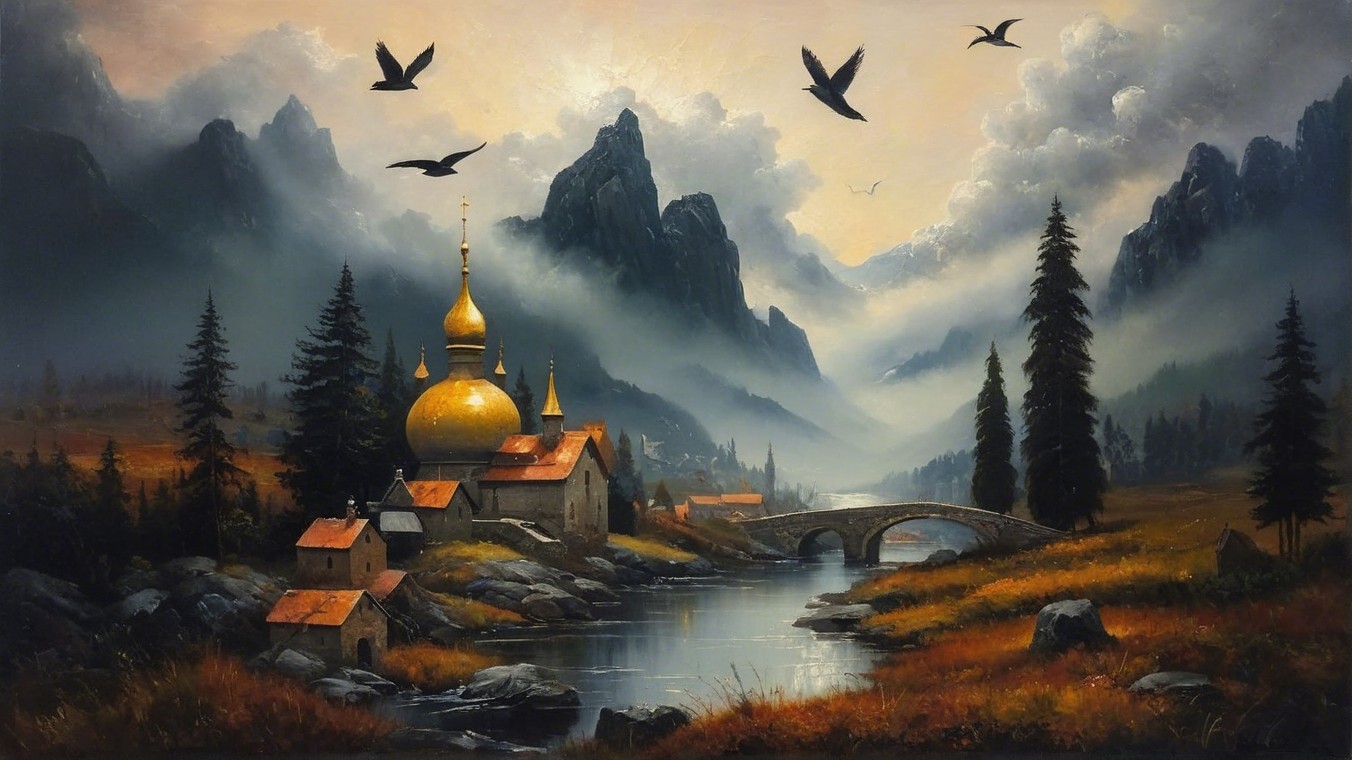 Tranquil River Valley with Mountains and Village Scene