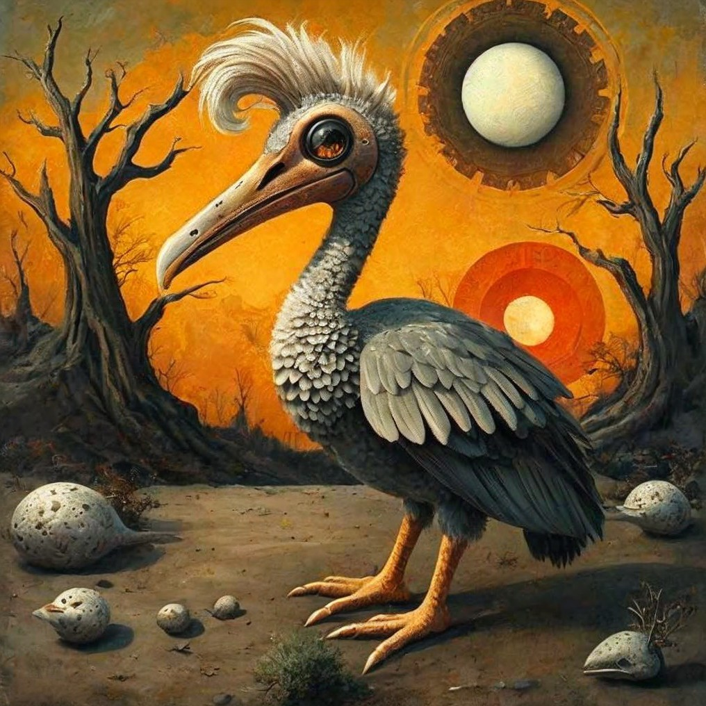 Surreal Avian Creature in Barren Landscape with Orbs