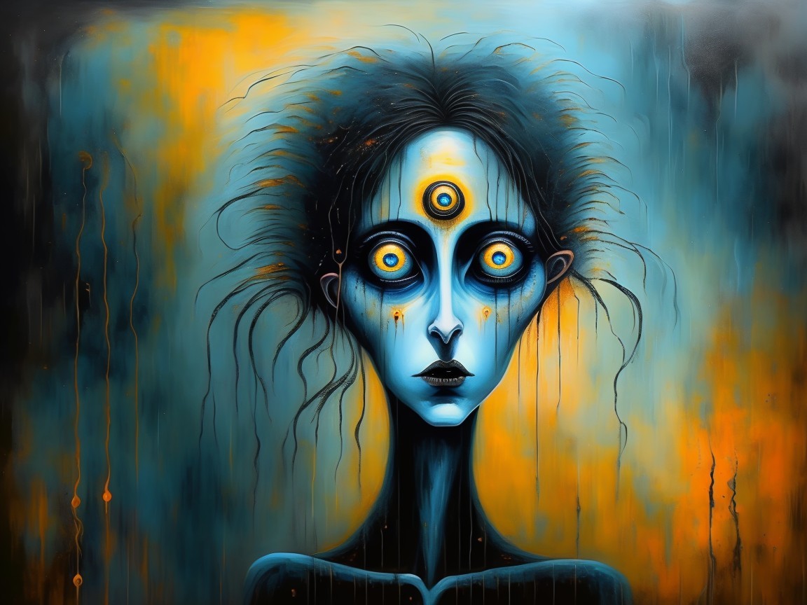 Haunting Figure with Blue Skin and Yellow Eyes