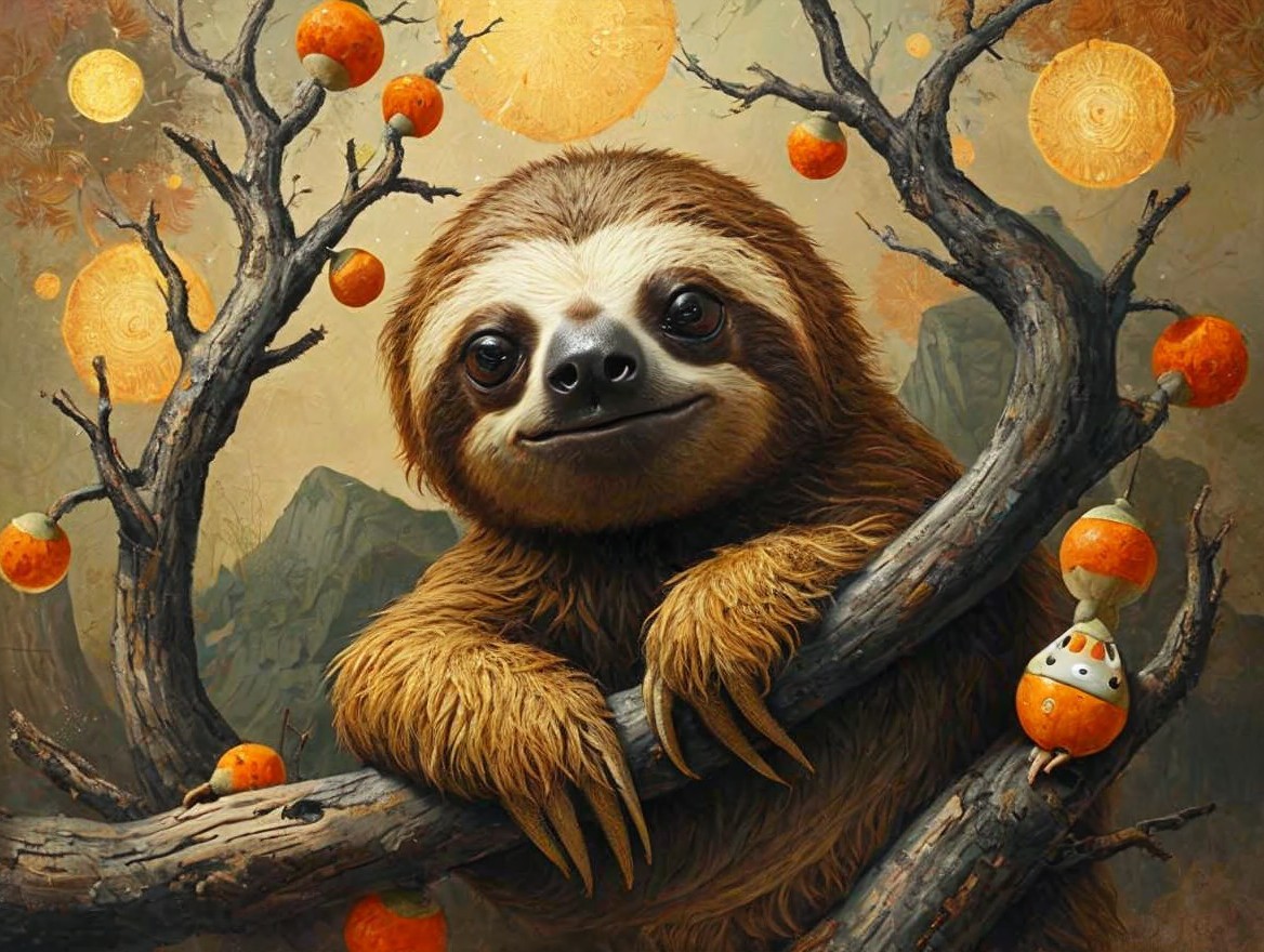 Cheerful sloth on tree branch with vibrant surroundings