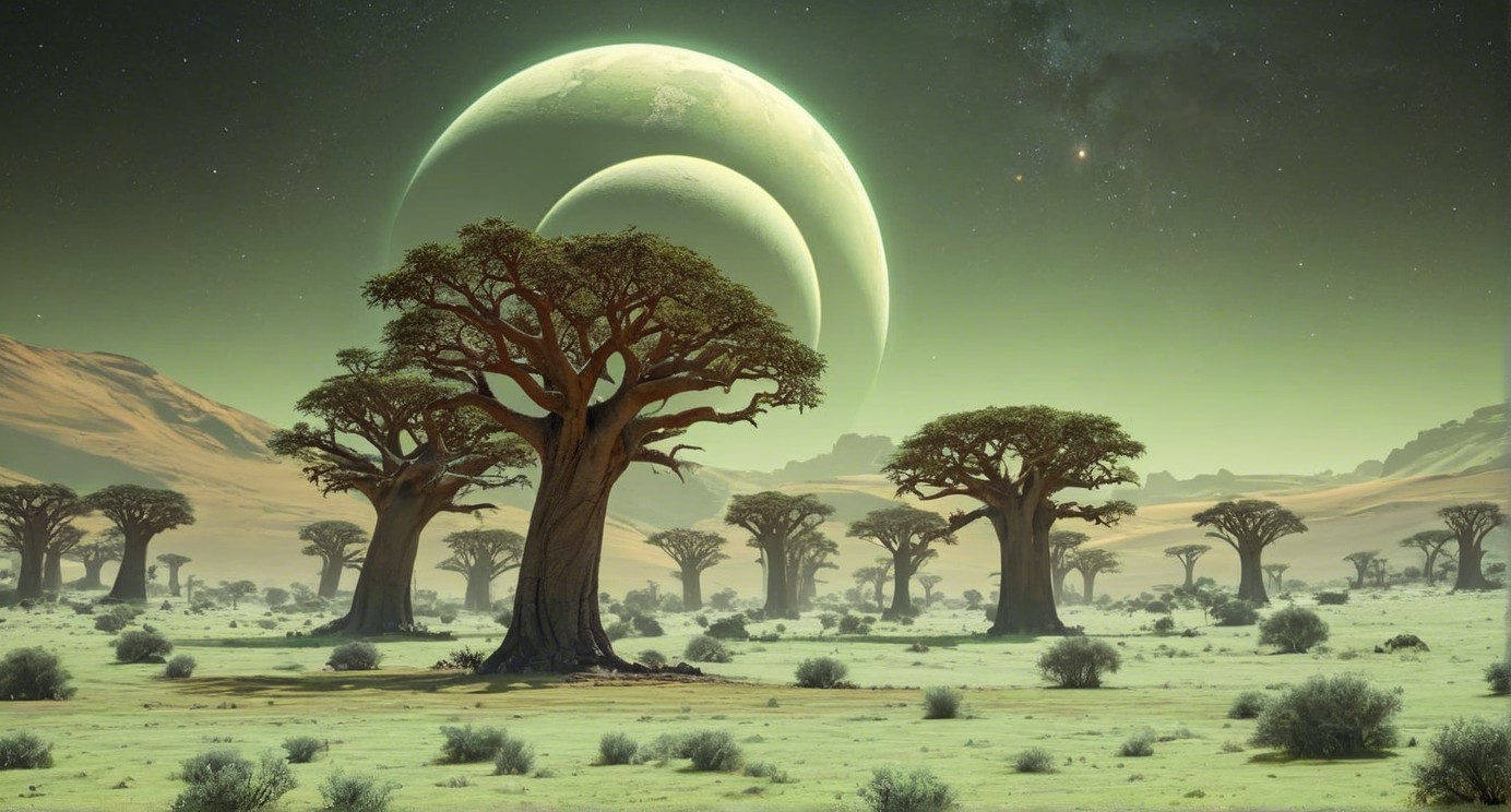 Surreal Landscape with Baobab Trees and Celestial Bodies