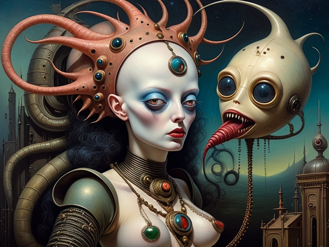 Surreal Figure with Tentacles and Gemstones in Fantasy Landscape