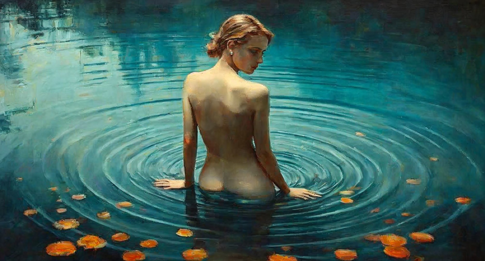 Woman in tranquil water with orange water lilies