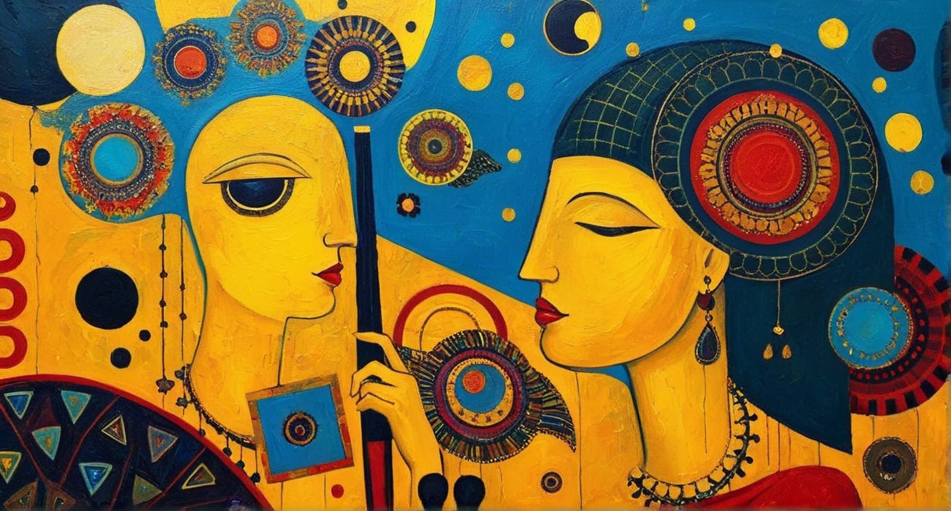 Stylized Figures with Vibrant Colors and Patterns
