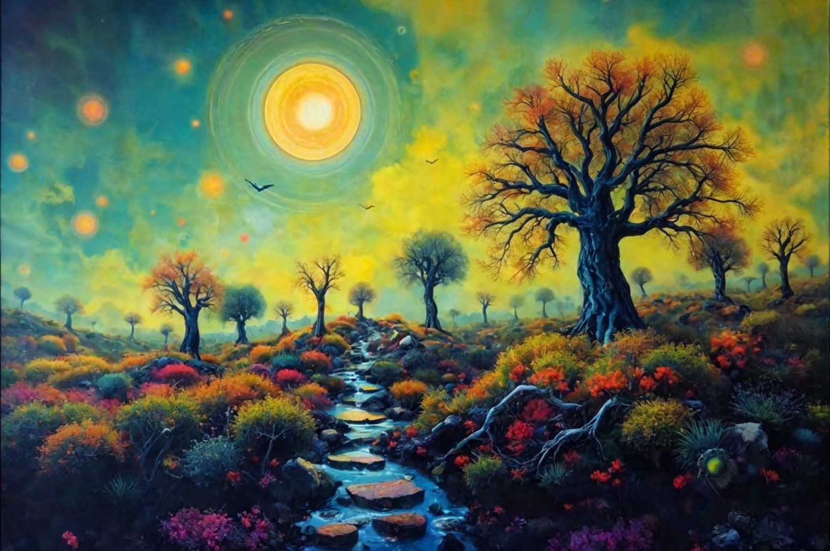 Vibrant Landscape with Stream and Colorful Flowers