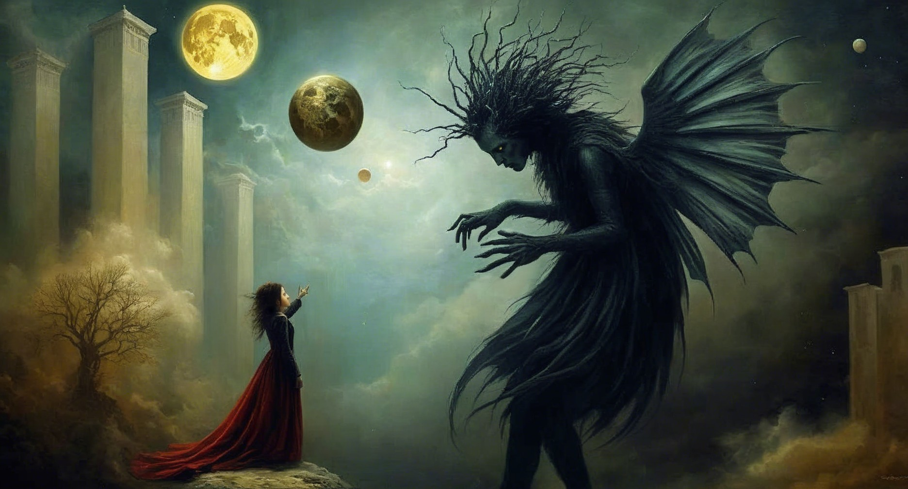 Surreal Landscape with Girl and Shadowy Figure