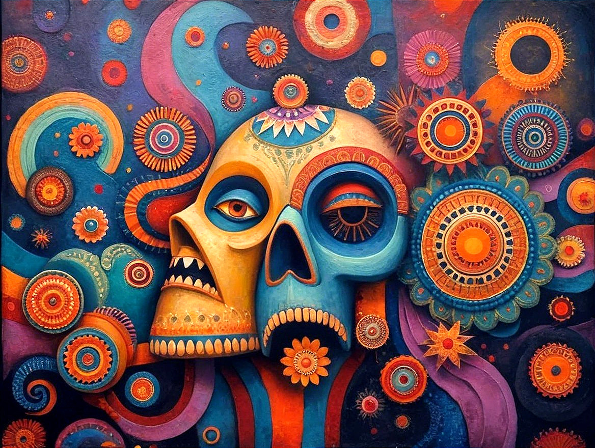 Surreal Artwork of Intertwined Skulls and Mandalas
