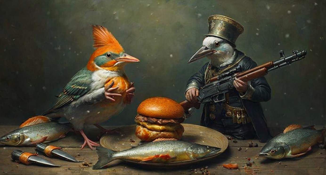 Whimsical Scene of Colorful Birds and Surreal Elements