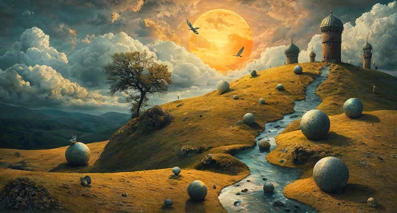 Surreal Landscape with Hills and Orange Sun