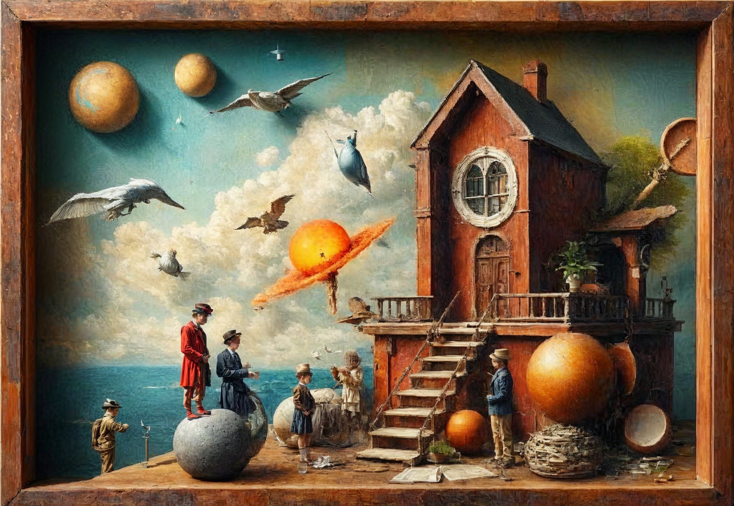 Surreal Artwork of a Red House on a Cliff with Celestials